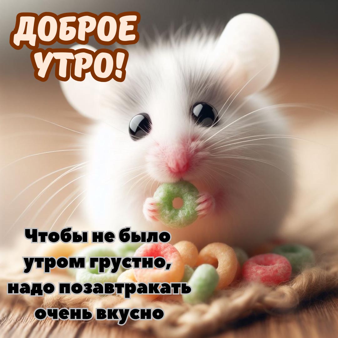 Веселая и необычная открытка с добрым утром. Милая мышка кушает сладости. Пожелания: Доброе утро! Чтобы не было утром грустно, надо позавтракать очень вкусно.