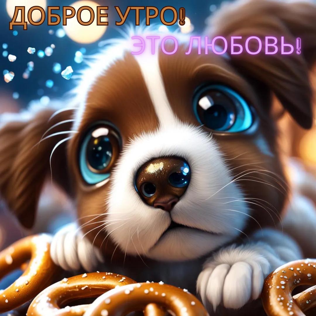 Веселая и необычная открытка с добрым утром. Щенок с выразительными голубыми глазами и крендельки. Пожелания: Доброе утро! Это любовь!