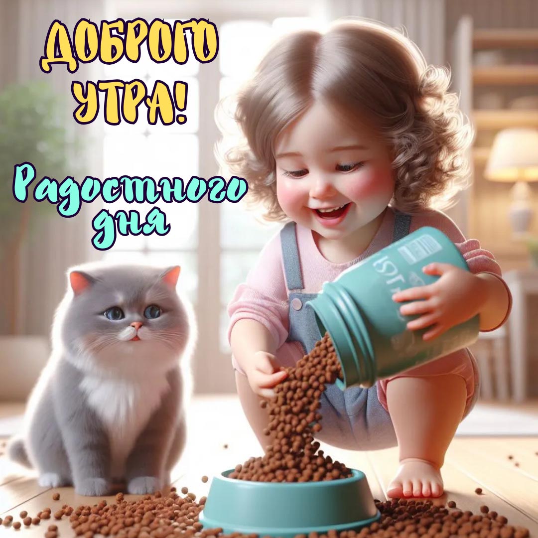 Веселая и необычная открытка с добрым утром. Веселая девочка на кухне насыпает большую горку корма для милого кота. Пожелания: Доброго утра! Радостного дня.