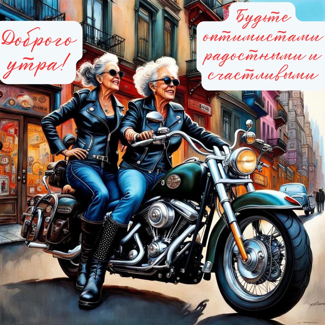 Веселая и необычная открытка с добрым утром. Крутые старушки-байкеры в кожаных куртках на мотоцикле. Пожелания: Доброго утра! Будьте оптимистами радостными и счастливыми.