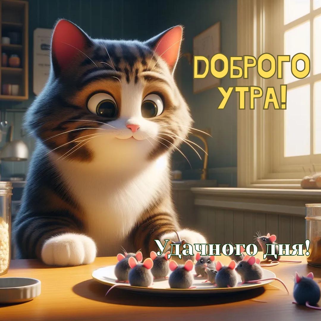 Веселая и необычная открытка с добрым утром. Котик на кухне смотрит на тарелку, на которой несколько мышек. Пожелания: Доброго утра! Удачного дня!