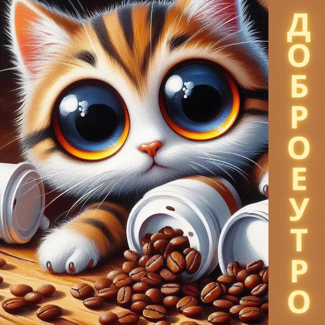 Необычная открытка с добрым утром. Котенок и зерна кофе. Необычная открытка с добрым утром. Котенок и зерна кофе.