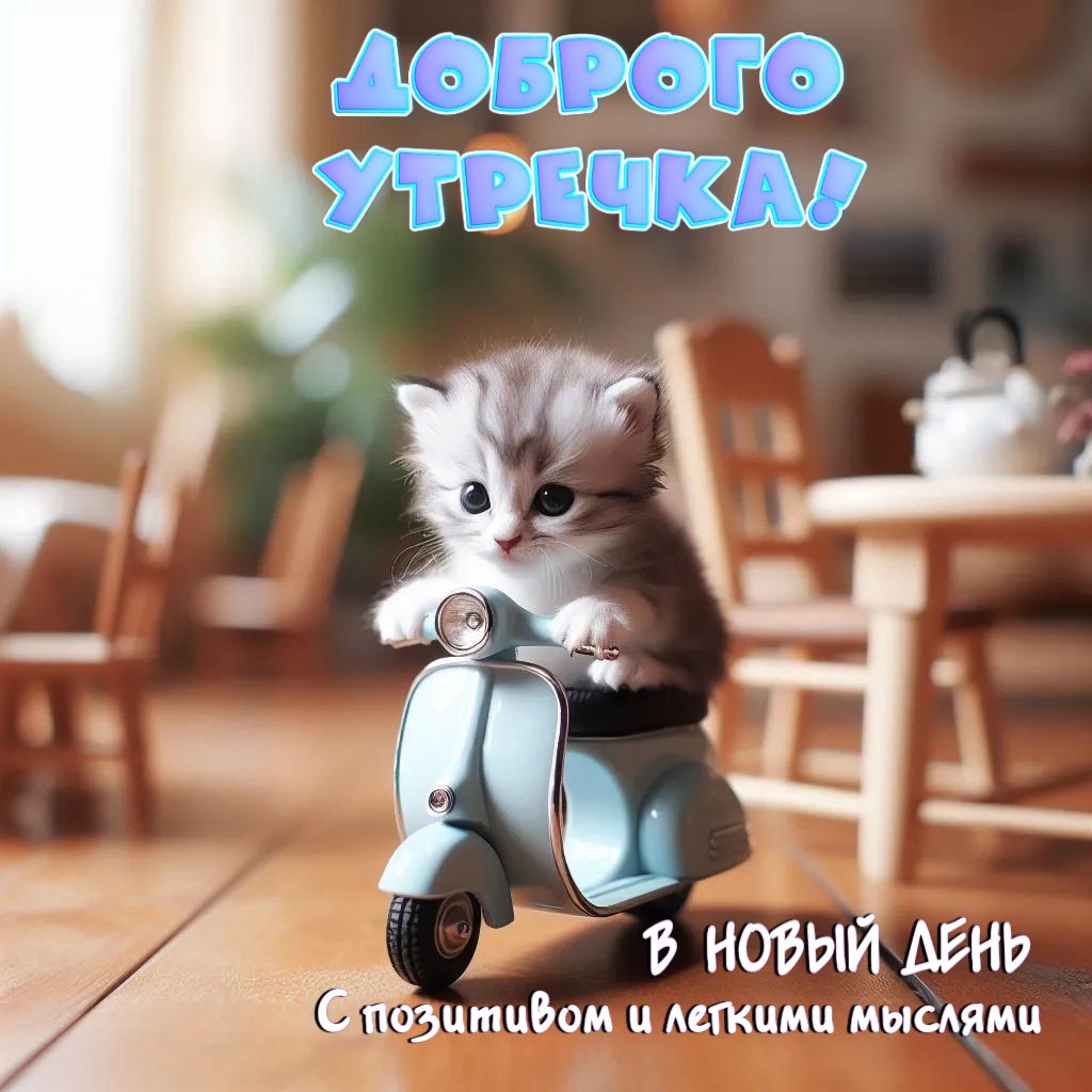 Веселая и необычная открытка с добрым утром. Котенок едет на мотороллере по кухне. Пожелания: Доброго утречка! В новый день с позитивом и легкими мыслями. Веселая и необычная открытка с добрым утром. Котенок едет на мотороллере по кухне. Пожелания: Доброго утречка! В новый день с позитивом и легкими мыслями.