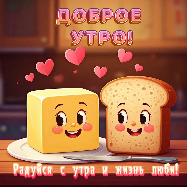 Веселая и необычная открытка с добрым утром. Любовь между куском сливочного масла и куском хлеба на кухне, красные сердечки. Пожелания: Доброе утро! Радуйся с утра и жизнь люби!