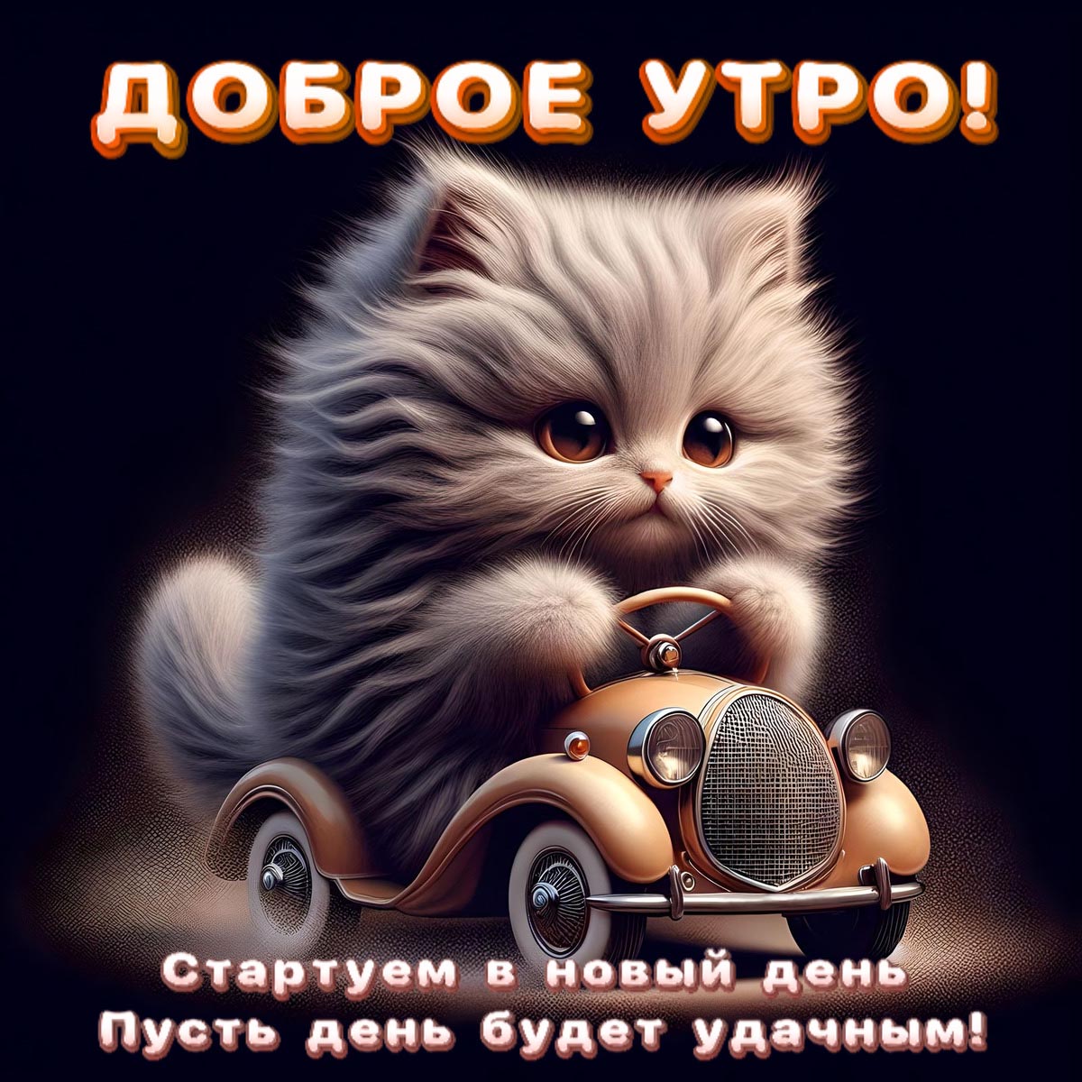 Веселая и необычная открытка с добрым утром. Милый котенок за рулем автомобильчика. Пожелания: Доброе утро! Стартуем в новый день. Пусть день будет удачным!