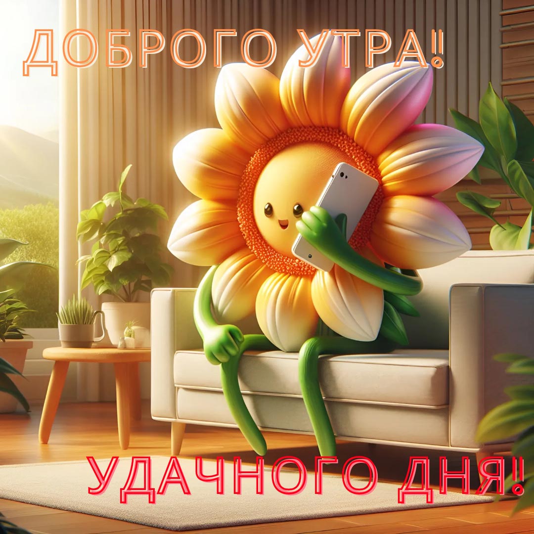 Веселая и необычная открытка с добрым утром. Цветок-смайлик сидит на диване со смартфоном. Пожелания: Доброго утра! Удачного дня!