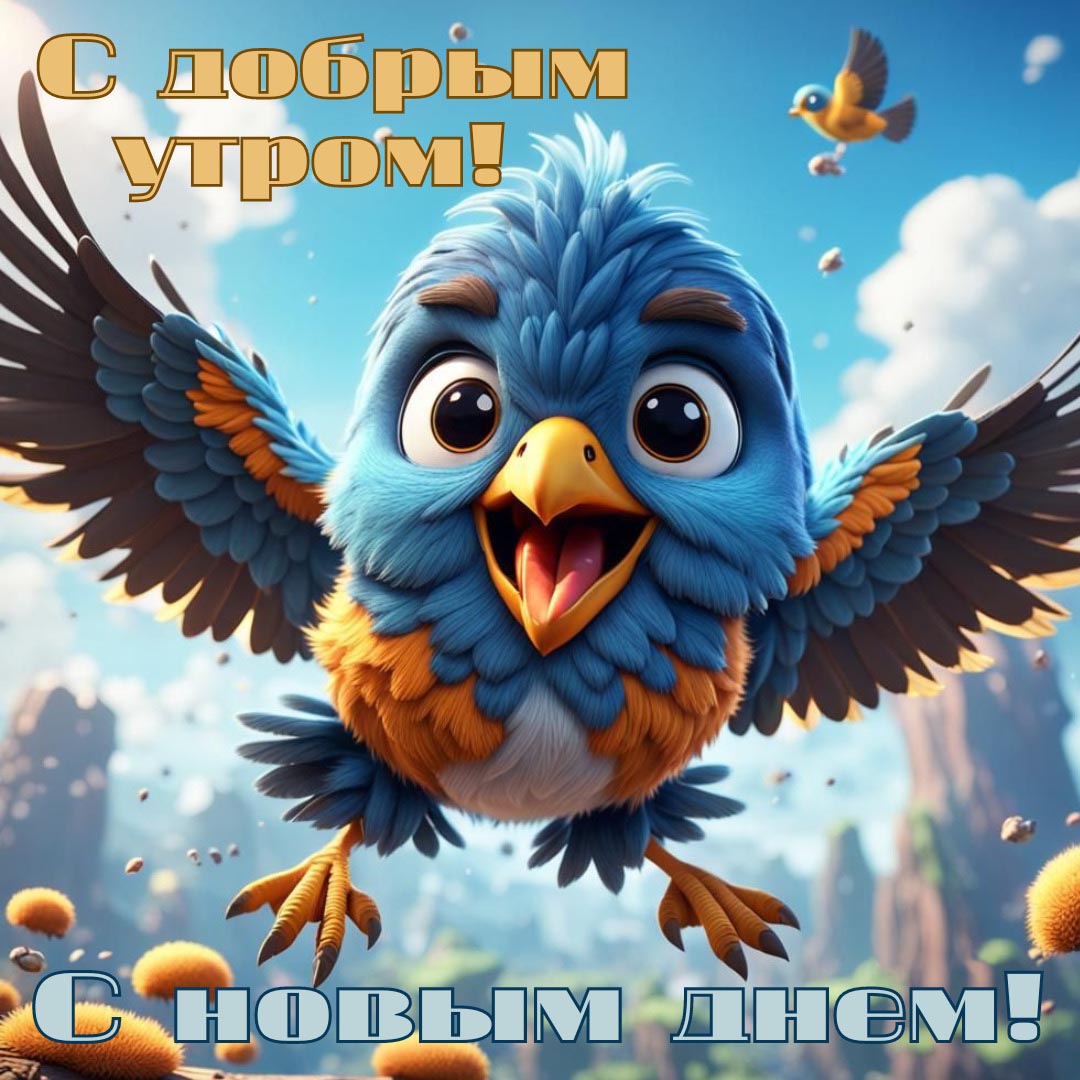 Веселая и необычная открытка с добрым утром. Разноцветная птичка летит навстречу. Пожелания: С добрым утром! С новым днем!