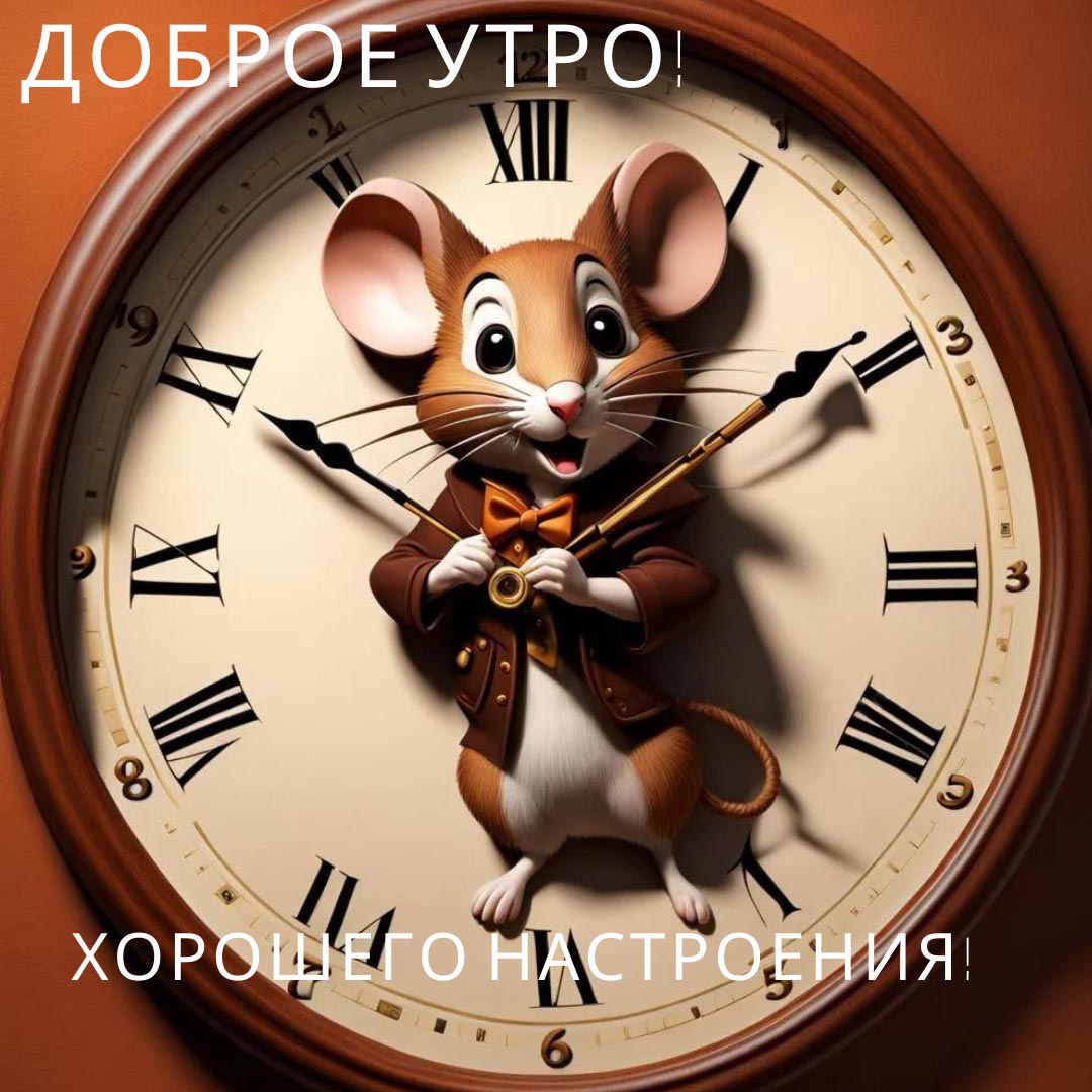 Необычная открытка с добрым утром. Мышка в смокинге и в бабочке управляет часами со стрелками. Пожелания: Доброе утро! Хорошего настроения! Необычная открытка с добрым утром. Мышка в смокинге и в бабочке управляет часами со стрелками. Пожелания: Доброе утро! Хорошего настроения!