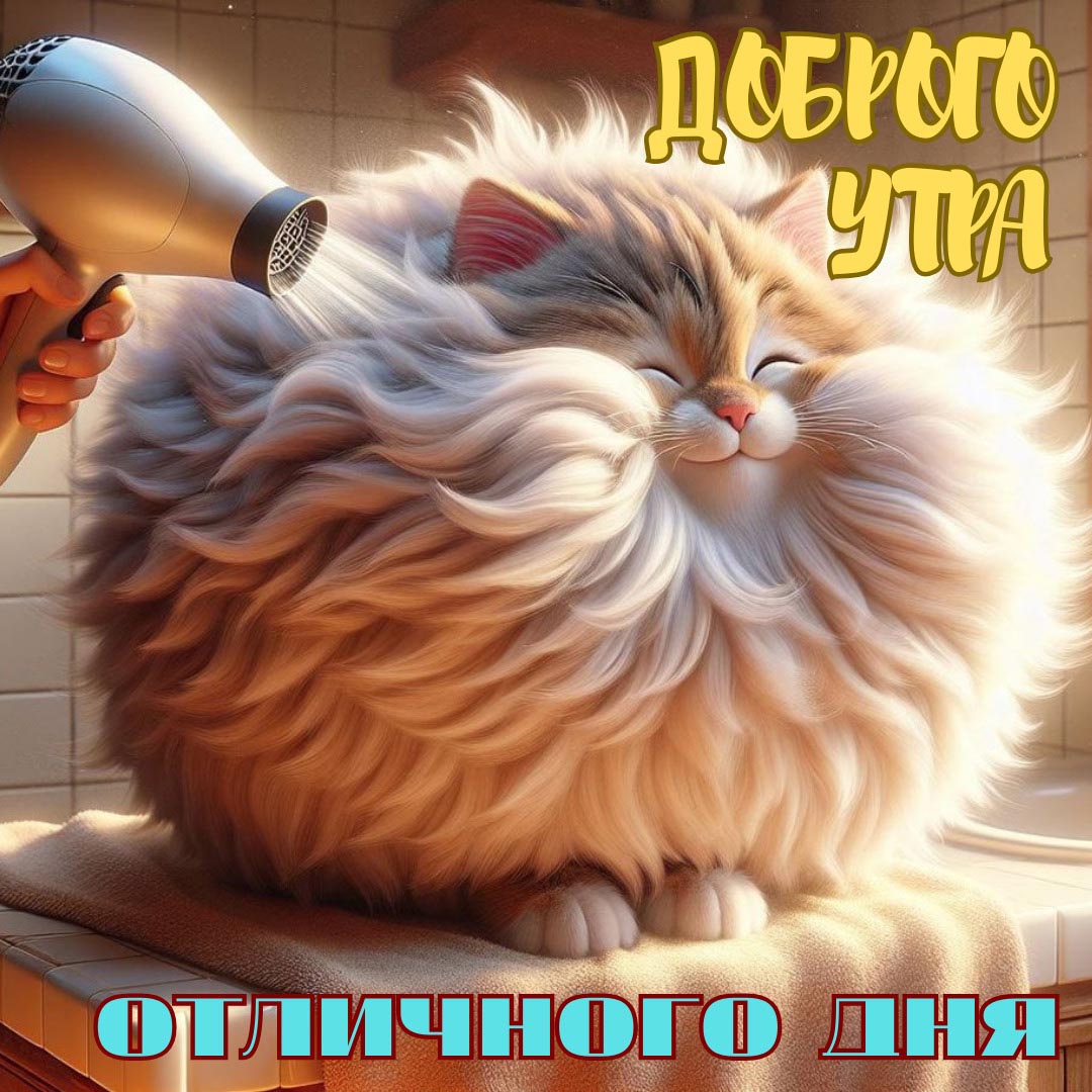 Веселая и необычная открытка с добрым утром. На очень пушистого котика дуют феном. Пожелания: Доброго утра! Отличного дня.