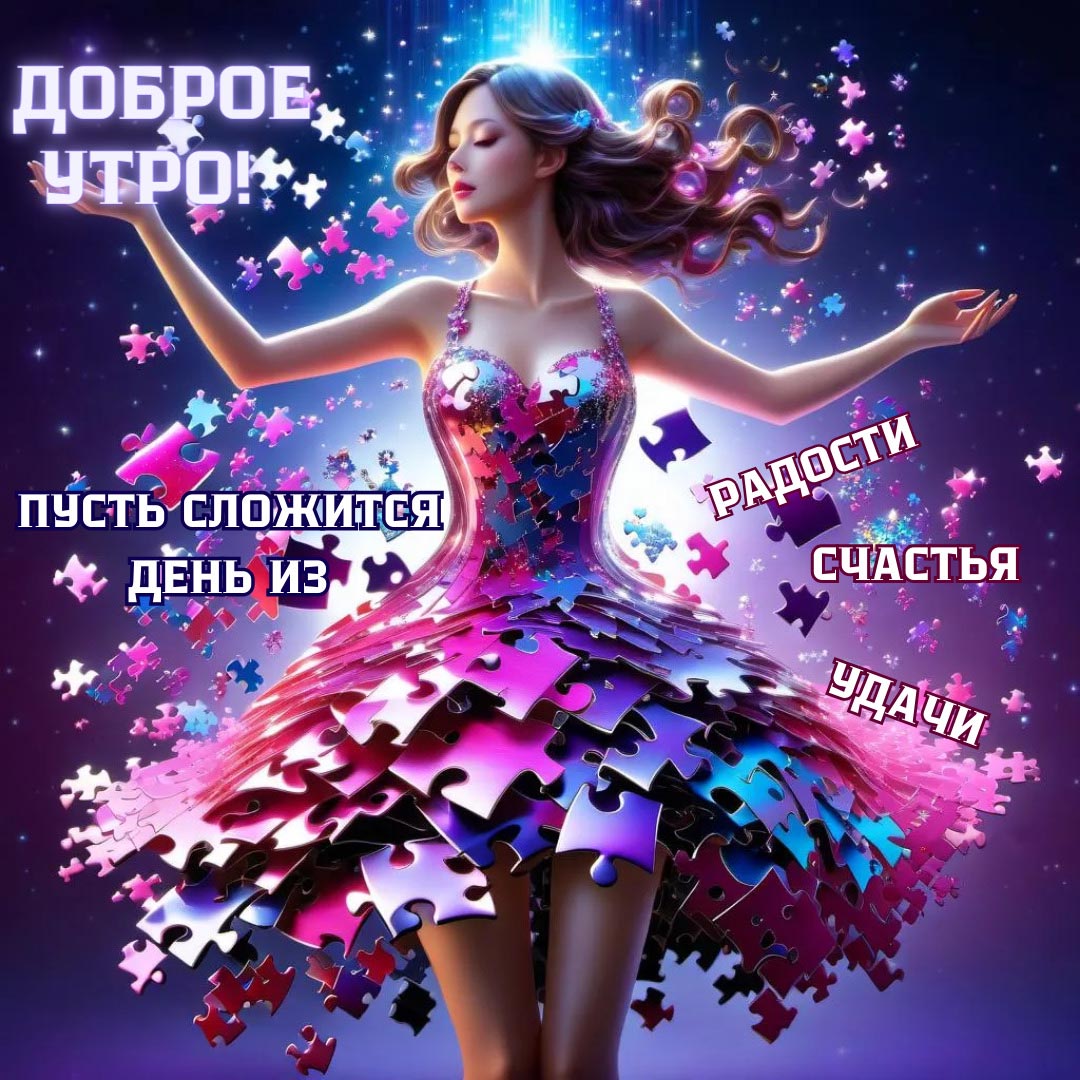 Необычная открытка с добрым утром. Красивая девушка в платье из мозаики. Пожелания: Доброе утро! Пусть сложится день из радости, счастья, удачи.