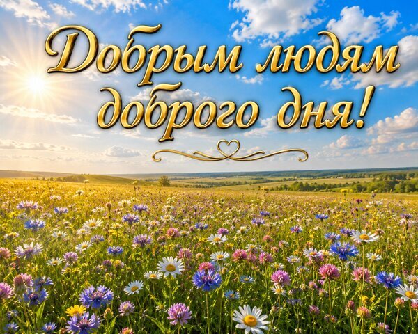 Поздравительная открытка «Добрым людям доброго дня!»: солнечный пейзаж, цветочное поле и голубое небо. Красивое пожелание доброго дня для близких. Открытка Доброе утро