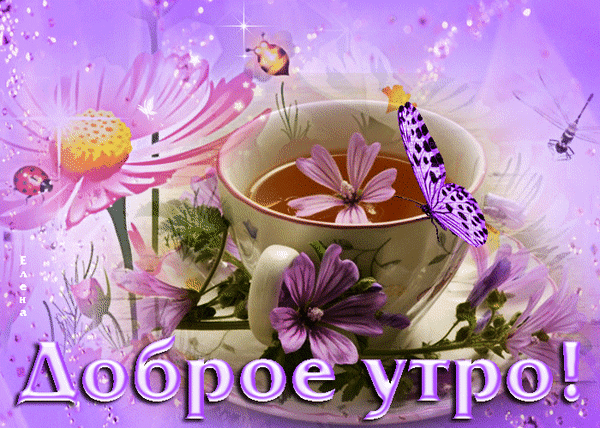 Нежная открытка «Доброе утро!» с чашкой чая, фиолетовой бабочкой и цветами в сказочном стиле. Красивое пожелание доброго утра для настроения. Анимированная открытка Удачного дня
