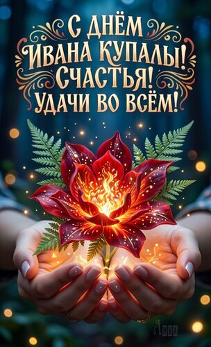 Праздничная открытка к Ивану Купале с магическим светящимся цветком папоротника в руках и пожеланиями счастья и удачи. Волшебная атмосфера летней ночи. Открытка С днем Ивана Купалы