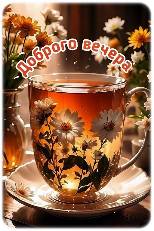 Красивая открытка «Доброго вечера» с чашкой чая и цветами. Уютное и теплое пожелание для близких в золотистых тонах. Открытка Добрый вечер!