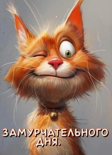 Милый рыжий кот с надписью «Замурчательного дня». Забавная поздравительная картинка и открытка для пожелания отличного настроения и хорошего дня! Открытка Замурчательного дня