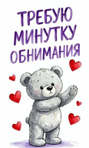 Милый акварельный мишка с красными сердечками и надписью «Требую минутку обнимания». Идеально для милой открытки или стикера с пожеланием тепла и любви. Открытка Требую минутку обнимания