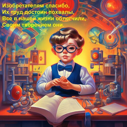 Иллюстрация с мальчиком-изобретателем и цитатой о заслугах ученых и создателей технологий. Теплый стиль, тематика науки и творчества. Открытка Изобретателям спасибо, Их труд достоин похвалы, Все в нашей жизни облегчили, Своим творением они.
