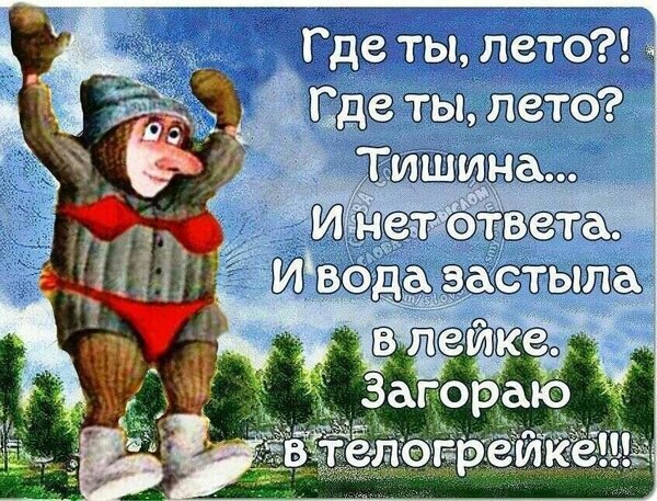 Смешная картинка-открытка про отсутствие лета. Забавный гном с юмористической цитатой о погоде и «загаре в телогрейке». Идеально для настроения! Открытка Где ты лето загораю в телогрейке