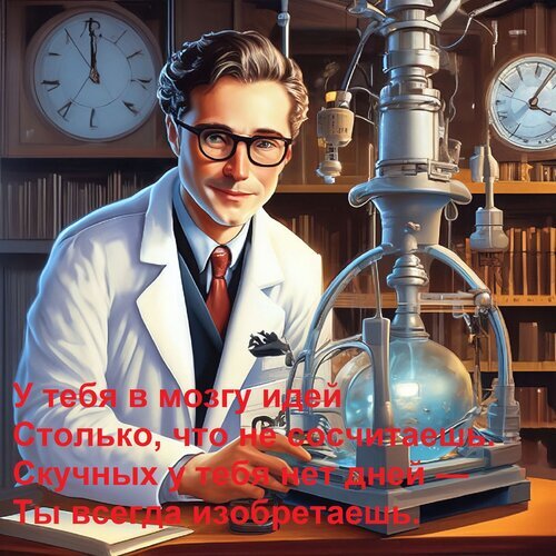 Мотивирующая иллюстрация с ученым в лаборатории и цитатой о творчестве и бесконечном потоке идей. Идеально для тем науки и саморазвития. Открытка У тебя в мозгу идей Столько, что не сосчитаешь. Скучных у тебя нет дней — Ты всегда изобретаешь.