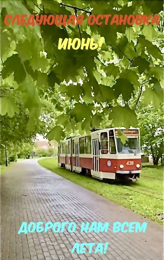 Летнее фото с красным трамваем в парке и текстом «Следующая остановка — июнь! Доброго нам всем лета!». Атмосфера тепла и летних прогулок. Открытка Следующая остановка Июнь! Доброго нам всем Лета!