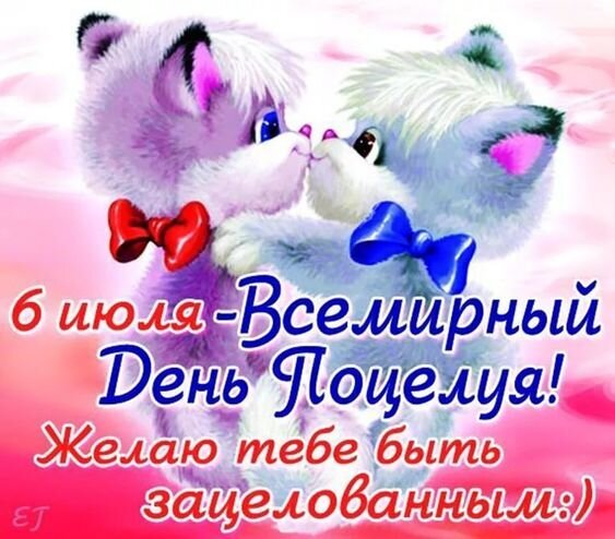 Милая открытка к Всемирному дню поцелуя 6 июля с целующимися котятами. Поздравление «Желаю тебе быть зацелованным:)» для близких и любимых. Открытка С Днем поцелуя!