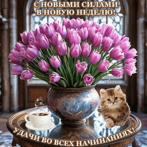 Поздравительная открытка: букет розовых тюльпанов, кофе и милый котенок. Надпись: «С новыми силами в новую неделю! Удачи во всех начинаниях!» Анимированная открытка Удачной недели!