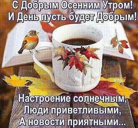 Уютная осенняя открытка с чашкой кофе и кленовыми листьями. Пожелание доброго утра, хорошего настроения и приятных новостей на русском языке. Открытка С Добрым Осенним Утром! И День пусть будет Добрым! Настроение солнечным, Люди приветливыми, А новост Уютная осенняя открытка с чашкой кофе и кленовыми листьями. Пожелание доброго утра, хорошего настроения и приятных новостей на русском языке. Открытка С Добрым Осенним Утром! И День пусть будет Добрым! Настроение солнечным, Люди приветливыми, А новост