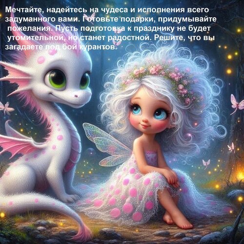 Сказочная иллюстрация: милая фея и маленький белый дракон в волшебном ночном лесу. Идеально для праздничных открыток, пожеланий чудес и магии. Открытка Мечтайте, надейтесь на чудеса и исполнения всего задуманного вами. Готовьте подарки, придумывайте