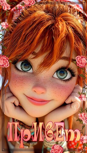 Милая 3D-иллюстрация рыжеволосой девушки с голубыми глазами и веснушками. Девушка улыбается, вокруг цветы, внизу надпись «Привет». Яркий приветственный арт. Открытка Привет
