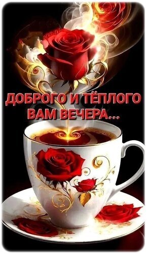 Красивая открытка «Доброго и теплого вечера» с чашкой кофе и красными розами. Идеальное пожелание для WhatsApp, Viber и соцсетей. Уютная и нежная картинка. Открытка Добрый вечер!