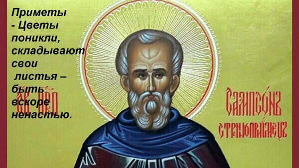 Православная икона святого с наложенным текстом народной приметы о цвете и погоде: «Цветы поникли, складывают свои листья — быть вскоре ненастьем». Открытка Приметы - Цветы поникли, складывают свои листья – быть вскоре ненастью.