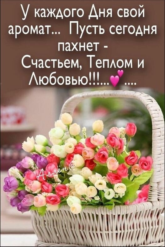 Поздравительная открытка с нежным букетом цветов в корзинке и пожеланием счастья, тепла и любви. Красивая картинка для доброго утра и хорошего настроения. Открытка У каждого дня сой аромат