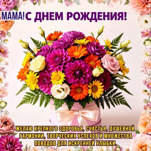Красивая открытка с ярким букетом цветов для поздравления мамы с днем рождения. Душевные пожелания здоровья, счастья и гармонии на праздничной картинке. Открытка Мама! С днем рождения!