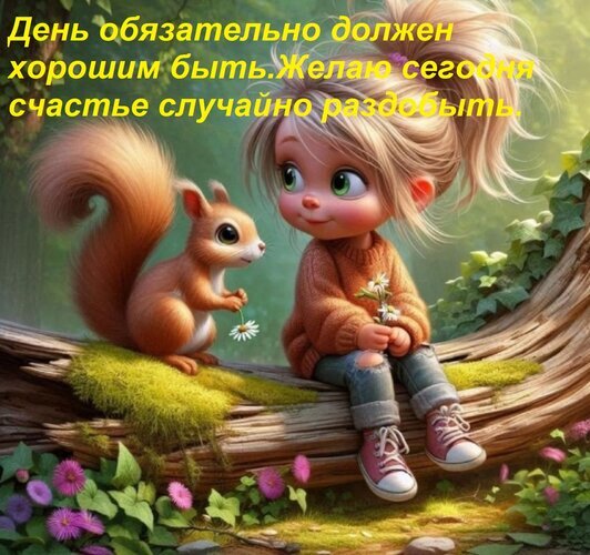 Добрая картинка с девочкой и белкой в лесу и пожеланием хорошего дня. Милая 3D-иллюстрация для открыток и позитивного настроения. Открытка День обязательно должен хорошим быть. Желаю сегодня счастье случайно раздобыть.