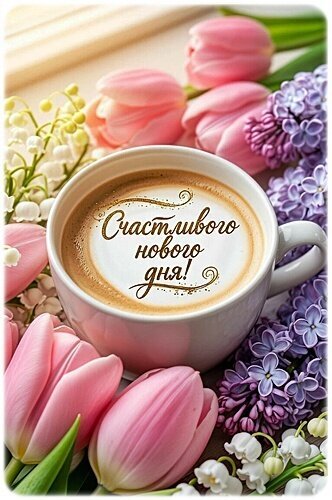 Открытка «Счастливого нового дня!»: чашка кофе в окружении весенних цветов — розовых тюльпанов, сирени и ландышей. Прекрасное пожелание доброго утра! Открытка Счастливого дня!