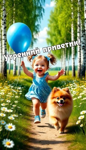 Милая картинка с надписью «Утренний приветик!»: радостная девочка с голубым шариком и шпиц бегут по полю ромашек среди березовой рощи. Открытка Утренний приветик