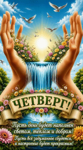 Поздравление на четверг: пожелания света, добра и исполнения желаний. Красивая открытка с водопадом, цветами и теплыми словами для хорошего настроения. Анимированная открытка Четверг! Пусть день будет наполнен светом, теплом и добром! Пусть все задуманное сбудется, а настрое