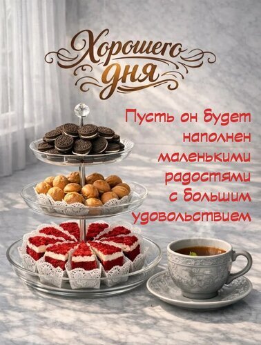 Красивая открытка с десертами и чаем. Надпись: «Хорошего дня, пусть он будет наполнен маленькими радостями с большим удовольствием». Идеально для пожеланий! Открытка Пусть он будет наполнен маленькими радостями с большим удовольствием