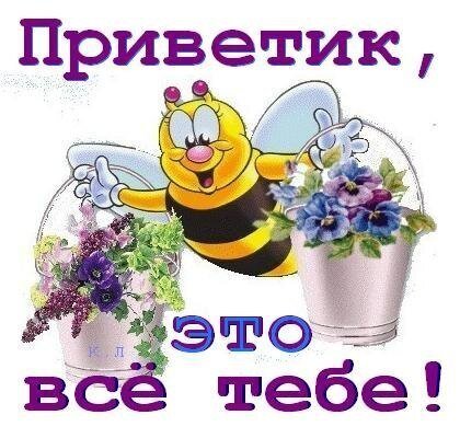 Милая открытка с улыбающейся пчелкой и цветами. Текст: «Приветик, это все тебе!». Позитивное приветствие для друзей и близких в соцсетях. Открытка Приветик