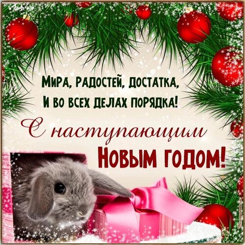 Новогодняя открытка с милым кроликом, еловыми ветками и красными шарами. Пожелание мира, радости и достатка в наступающем Новом году. Открытка Мира, радостей, достатка, И всех делах порядка! наступающим Новым годом!