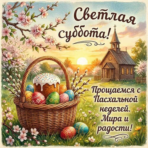 Пасхальная открытка: корзина с куличом и крашеными яйцами на фоне цветущих деревьев и церкви. Поздравление с завершением Пасхальной недели. Открытка Светлая суббота, прощаемся с пасхальной неделей, мира и радости