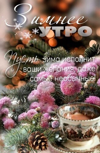 Уютная зимняя открытка с надписью «Зимнее утро. Пусть зима исполнит ваши желания!». Хвойные ветки, цветы и чашка чая для праздничного настроения. Открытка Зимнее утро!