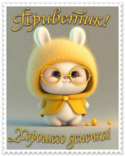 Милая открытка с кроликом в желтом капюшоне и очках. Надписи: «Приветик! Хорошего денечка!». Идеальное доброе пожелание для мессенджеров и соцсетей. Открытка Привет! Хорошего денечка!