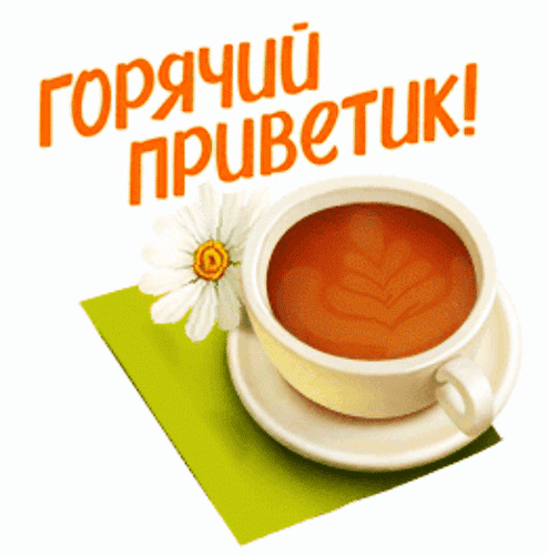 Уютная картинка с надписью «Горячий приветик!», чашкой горячего чая и белой ромашкой. Идеальное виртуальное приветствие для друзей и близких. Анимированная открытка Горячий Приветик!