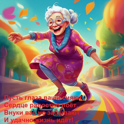 Веселая бабушка на скейтборде — яркая открытка с пожеланием радости, здоровья и внимания внуков. Эмоциональная иллюстрация для поздравления. Открытка Пусть глаза ваши сияют, Сердце радостно поет. Внуки вас не забывают И удачно жизнь идет!
