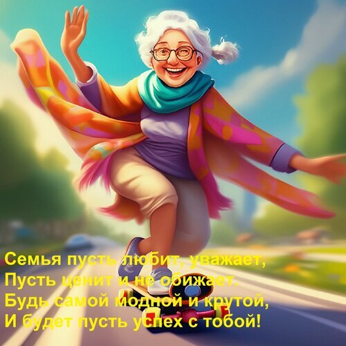 Мотивационная картинка с пожилой женщиной на скейтборде и вдохновляющей цитатой о любви семьи, стиле и успехе. Идеально для соцсетей и блога. Открытка Семья пусть любит, уважает, Пусть ценит и не обижает. Будь самой модной и крутой, И будет пусть успе