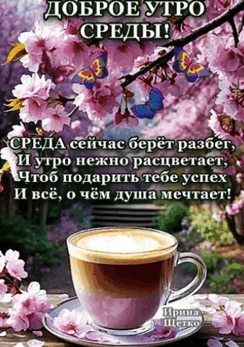 Доброе утро среды! Красивая картинка с цветущей сакурой, бабочками и чашкой кофе. Вдохновляющее пожелание успеха и радости на середину недели. Анимированная открытка Доброе утро! Доброе утро среды! Красивая картинка с цветущей сакурой, бабочками и чашкой кофе. Вдохновляющее пожелание успеха и радости на середину недели. Анимированная открытка Доброе утро!