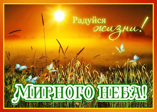 Душевная открытка с закатом, бабочками и надписями «Радуйся жизни!» и «Мирного неба!». Теплый пейзаж для пожеланий мира, счастья и радости. Анимированная открытка Радуйся жизни. Мирного неба!
