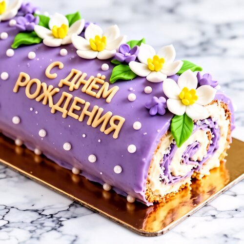 Праздничный фиолетовый торт-рулет с надписью «С Днем Рождения» и декором из сахарных цветов. Изящный десерт для идеального поздравления! Открытка С днем рождения