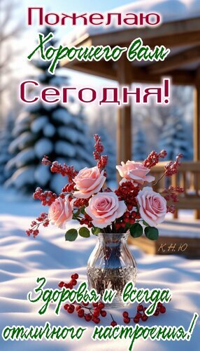 Красивая открытка с розами и зимним пейзажем. Пожелание хорошего дня, здоровья и отличного настроения. Идеально для поздравлений в WhatsApp и соцсетях. Открытка Пожелаю хорошего вам сегодня! Здоровья и всегда отличного настроения.